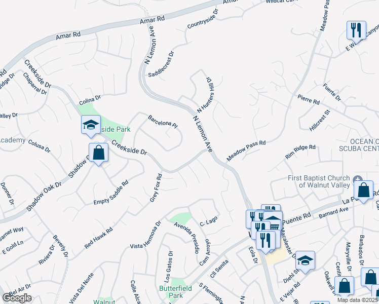 map of restaurants, bars, coffee shops, grocery stores, and more near 838 Barcelona Place in Walnut