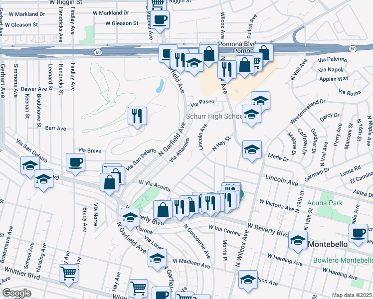 map of restaurants, bars, coffee shops, grocery stores, and more near 742 Via Altamira in Montebello