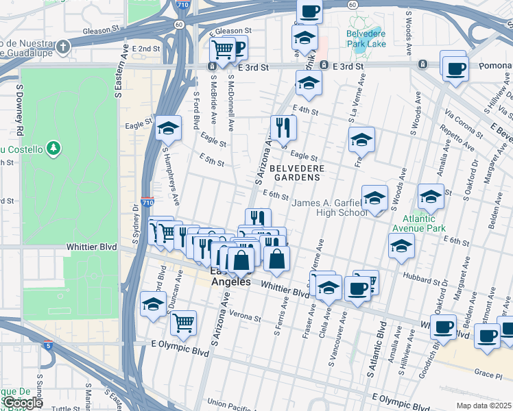 map of restaurants, bars, coffee shops, grocery stores, and more near 628 South Arizona Avenue in East Los Angeles