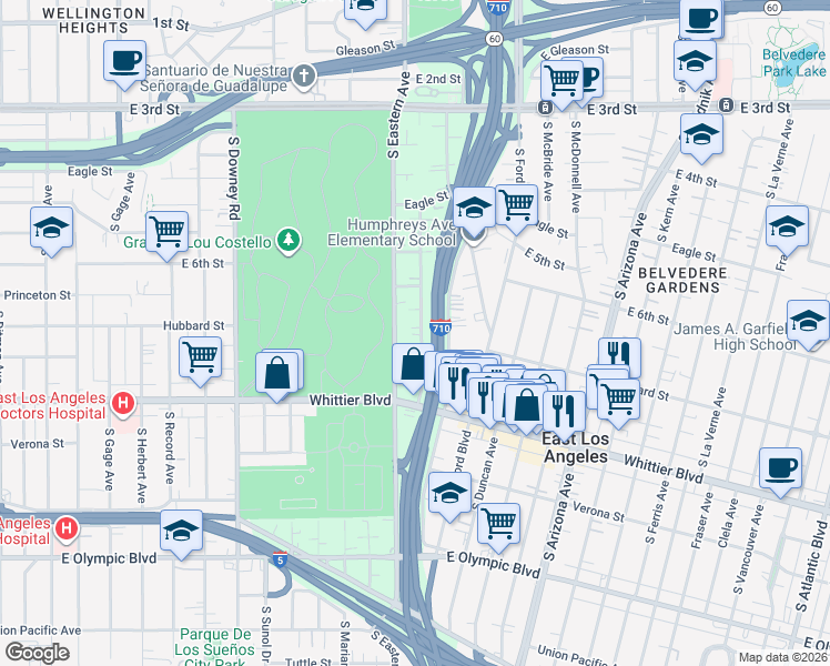 map of restaurants, bars, coffee shops, grocery stores, and more near 655 South Sydney Drive in East Los Angeles