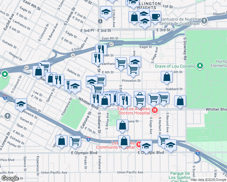 map of restaurants, bars, coffee shops, grocery stores, and more near 3740 Hubbard Street in Los Angeles