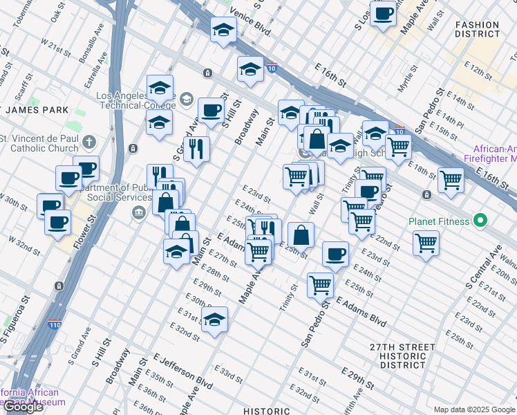 map of restaurants, bars, coffee shops, grocery stores, and more near 211 East 24th Street in Los Angeles