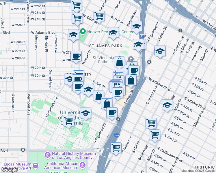 map of restaurants, bars, coffee shops, grocery stores, and more near 649-655 3/4 West 30th Street in Los Angeles