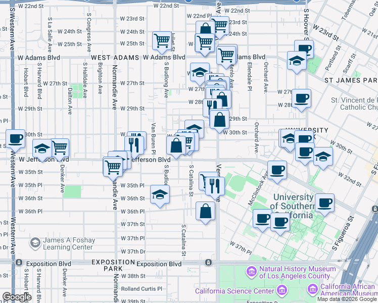 map of restaurants, bars, coffee shops, grocery stores, and more near 3112 Walton Avenue in Los Angeles