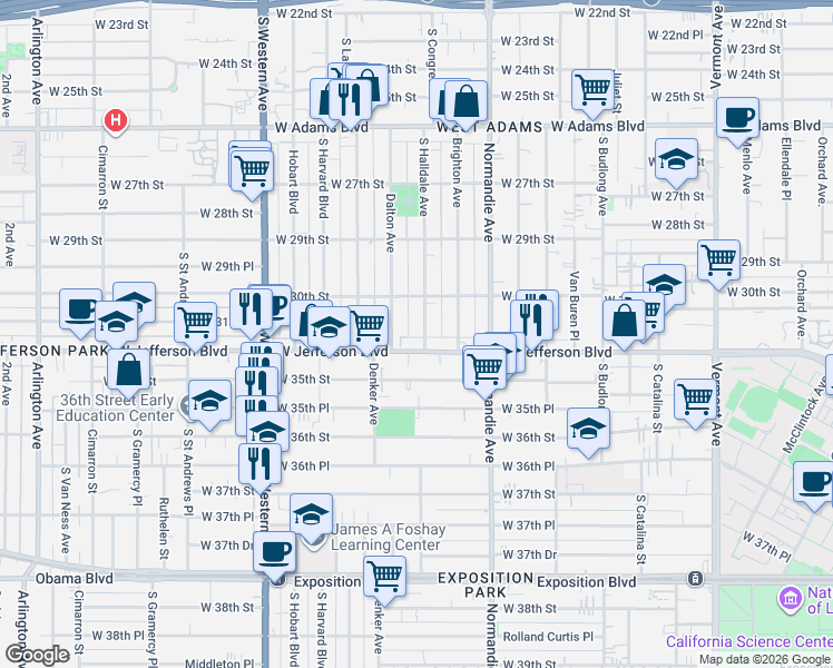 map of restaurants, bars, coffee shops, grocery stores, and more near 1571 West Jefferson Boulevard in Los Angeles