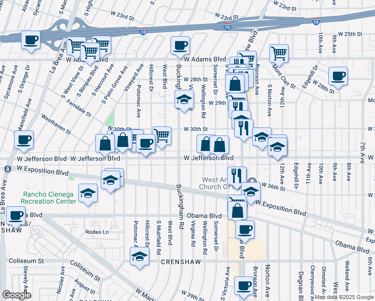 map of restaurants, bars, coffee shops, grocery stores, and more near 3058 Virginia Road in Los Angeles