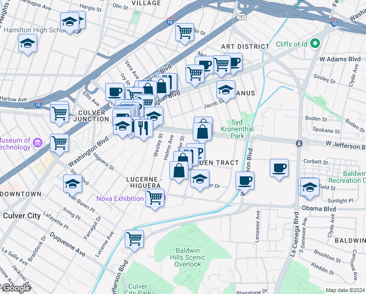 map of restaurants, bars, coffee shops, grocery stores, and more near 3547 Schaefer Street in Culver City