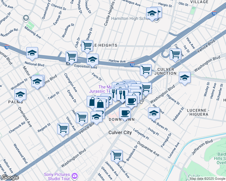 map of restaurants, bars, coffee shops, grocery stores, and more near 3730 Watseka Avenue in Los Angeles