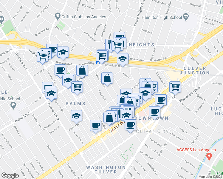 map of restaurants, bars, coffee shops, grocery stores, and more near 3642 Clarington Avenue in Los Angeles
