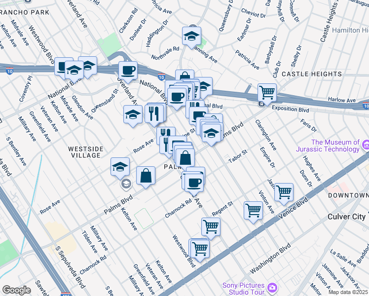 map of restaurants, bars, coffee shops, grocery stores, and more near 3410 Overland Avenue in Los Angeles