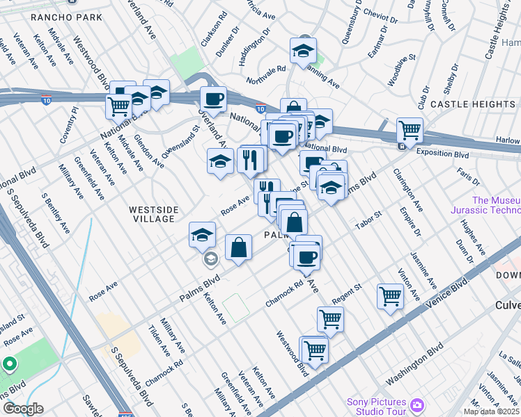 map of restaurants, bars, coffee shops, grocery stores, and more near 3385 Overland Avenue in Los Angeles