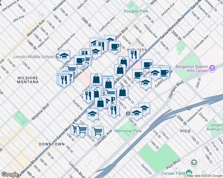 map of restaurants, bars, coffee shops, grocery stores, and more near in Santa Monica