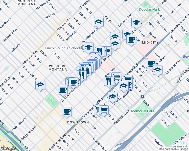map of restaurants, bars, coffee shops, grocery stores, and more near 1234 14th Street in Santa Monica