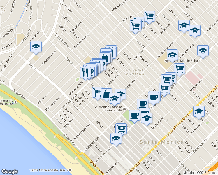 map of restaurants, bars, coffee shops, grocery stores, and more near 917 Lincoln Boulevard in Santa Monica