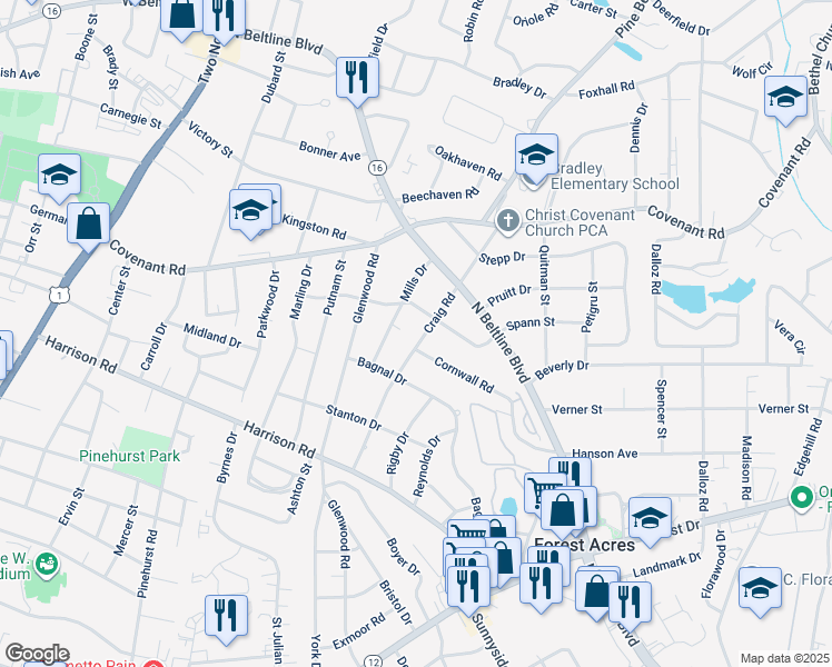 map of restaurants, bars, coffee shops, grocery stores, and more near 2638 Mills Drive in Columbia