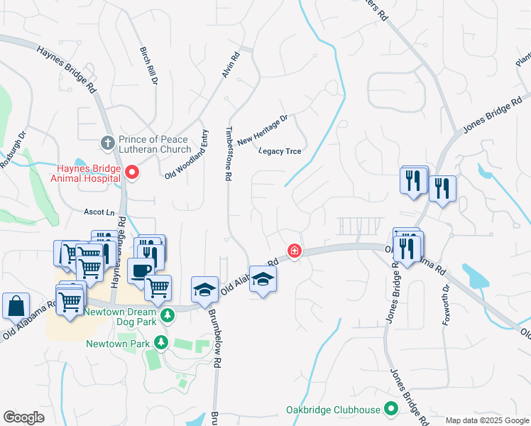 map of restaurants, bars, coffee shops, grocery stores, and more near 9050 Brockham Way in Alpharetta