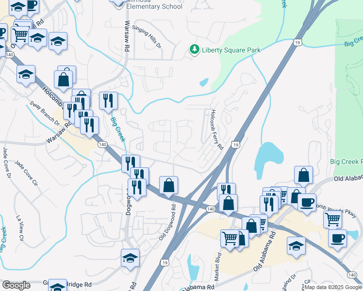 map of restaurants, bars, coffee shops, grocery stores, and more near 92 Old Holcomb Bridge Way in Roswell