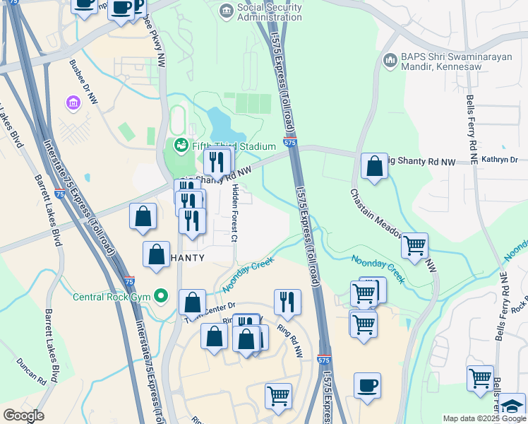 map of restaurants, bars, coffee shops, grocery stores, and more near 2820 Hidden Forest Court in Marietta