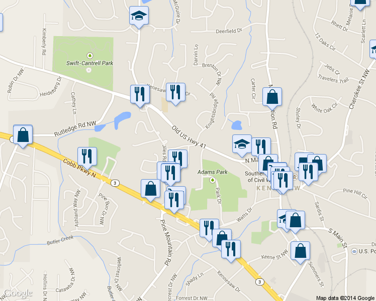 map of restaurants, bars, coffee shops, grocery stores, and more near 2822 Dominion Lane in Kennesaw