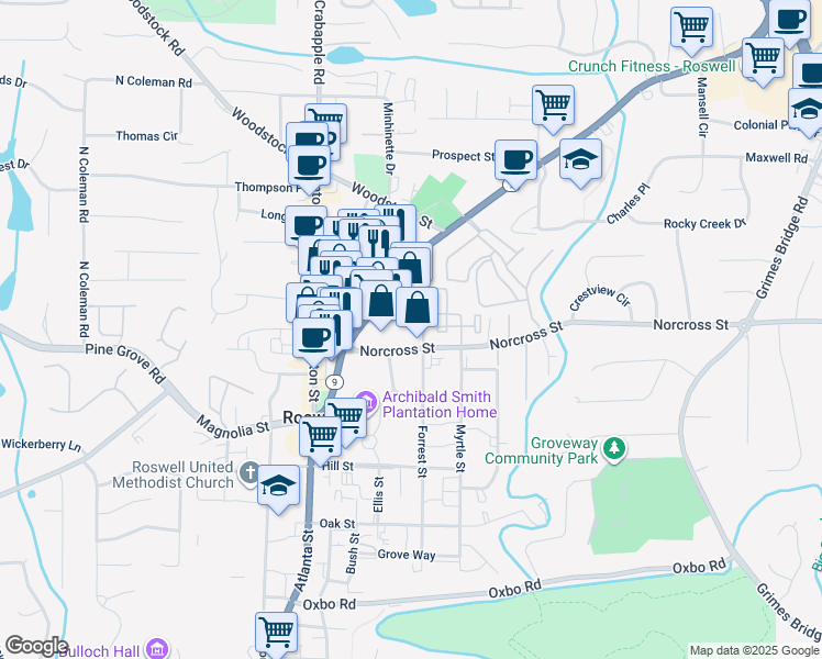 map of restaurants, bars, coffee shops, grocery stores, and more near 1015 Alpharetta Street in Roswell