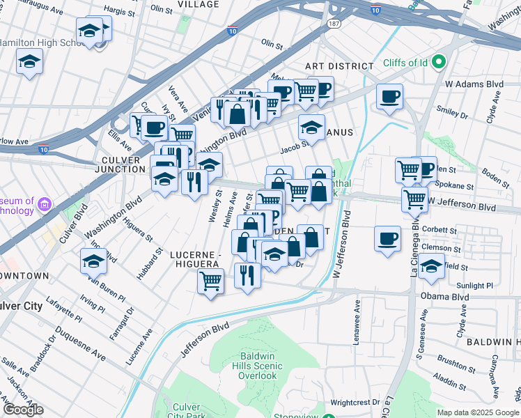 map of restaurants, bars, coffee shops, grocery stores, and more near 3525 Hayden Avenue in Culver City