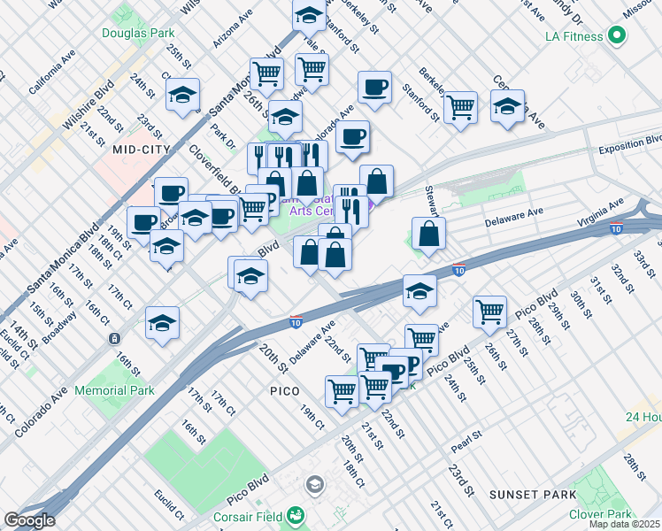 map of restaurants, bars, coffee shops, grocery stores, and more near 2319 Michigan Ave in Santa Monica