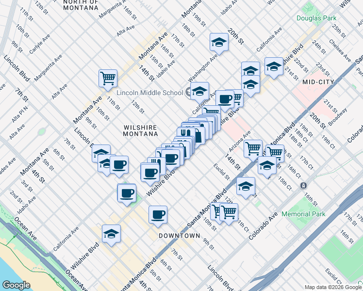 map of restaurants, bars, coffee shops, grocery stores, and more near 1131 12th Street in Santa Monica