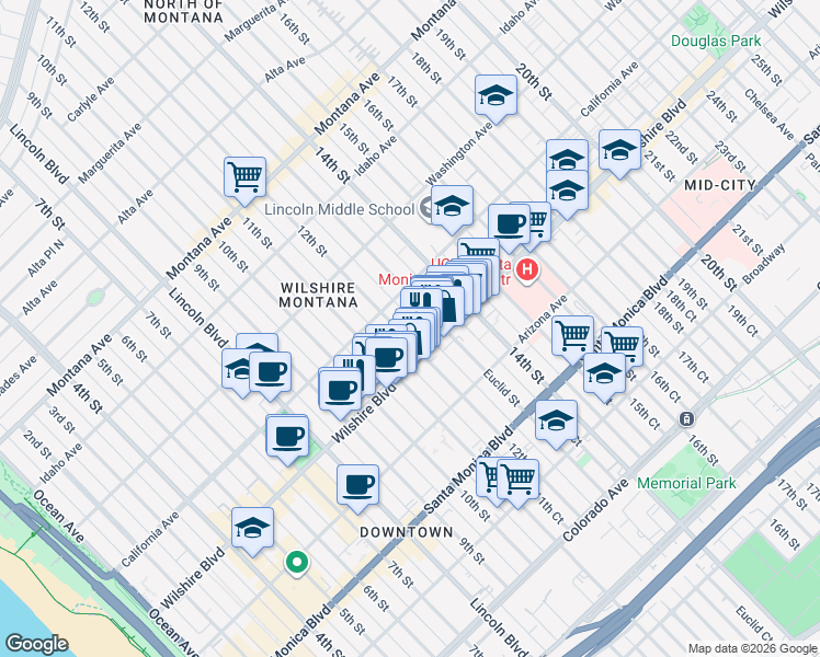 map of restaurants, bars, coffee shops, grocery stores, and more near 1131 12th Street in Santa Monica
