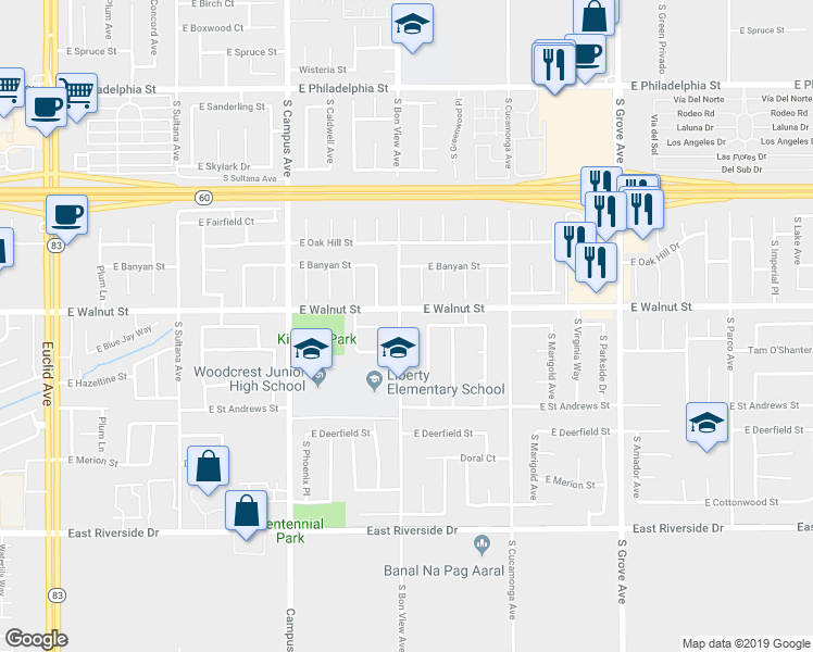 map of restaurants, bars, coffee shops, grocery stores, and more near 2611 South Bon View Avenue in Ontario