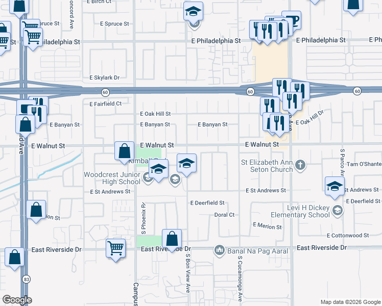 map of restaurants, bars, coffee shops, grocery stores, and more near 2611 South Bon View Avenue in Ontario