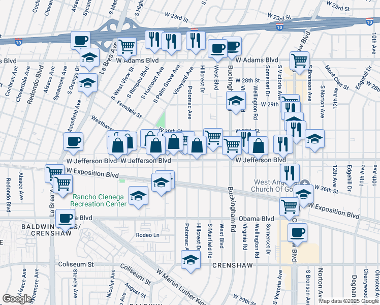 map of restaurants, bars, coffee shops, grocery stores, and more near 3052 Potomac Avenue in Los Angeles