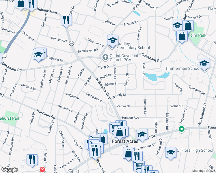map of restaurants, bars, coffee shops, grocery stores, and more near 2814 Spann Street in Columbia