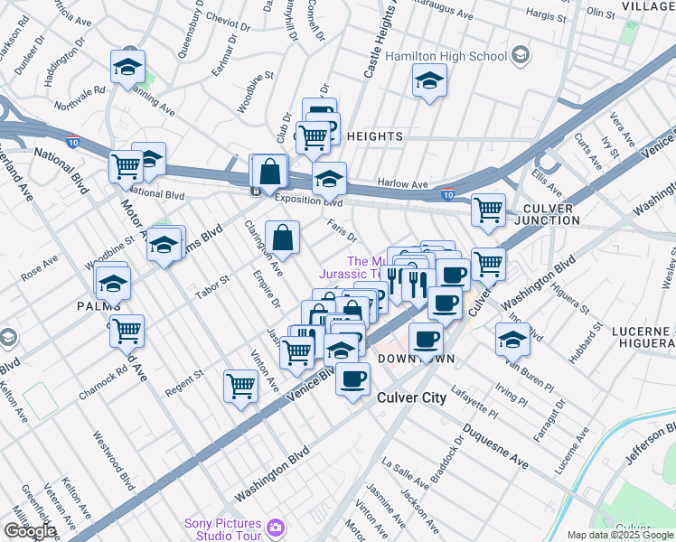 map of restaurants, bars, coffee shops, grocery stores, and more near 9819 Regent Street in Los Angeles