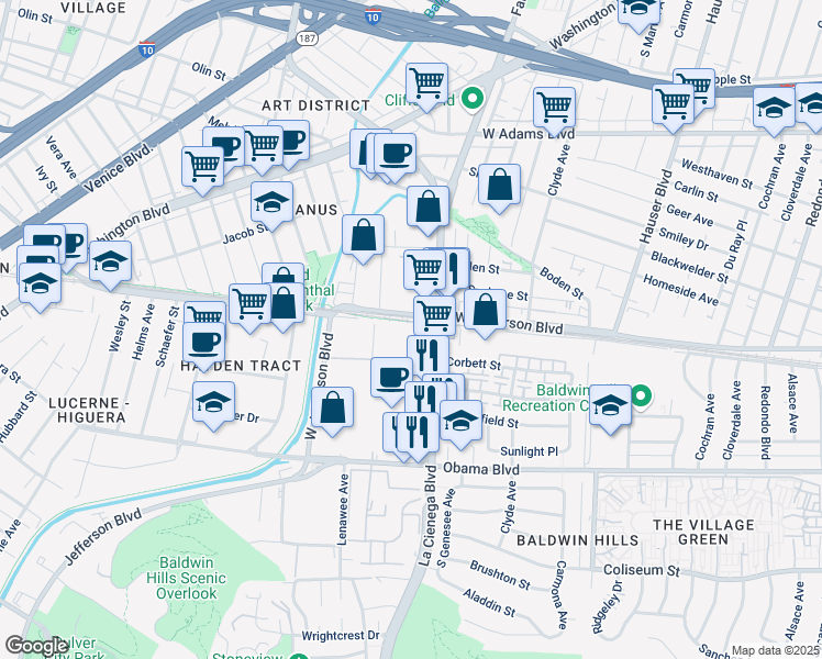 map of restaurants, bars, coffee shops, grocery stores, and more near 8 South La Cienega Boulevard in Los Angeles