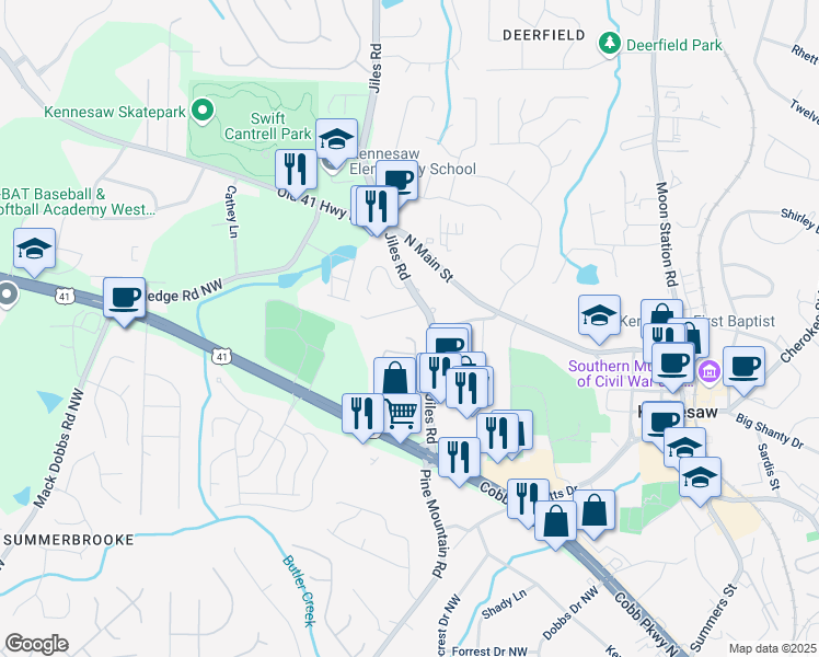 map of restaurants, bars, coffee shops, grocery stores, and more near 2764 Saint Charles Lane Northwest in Kennesaw