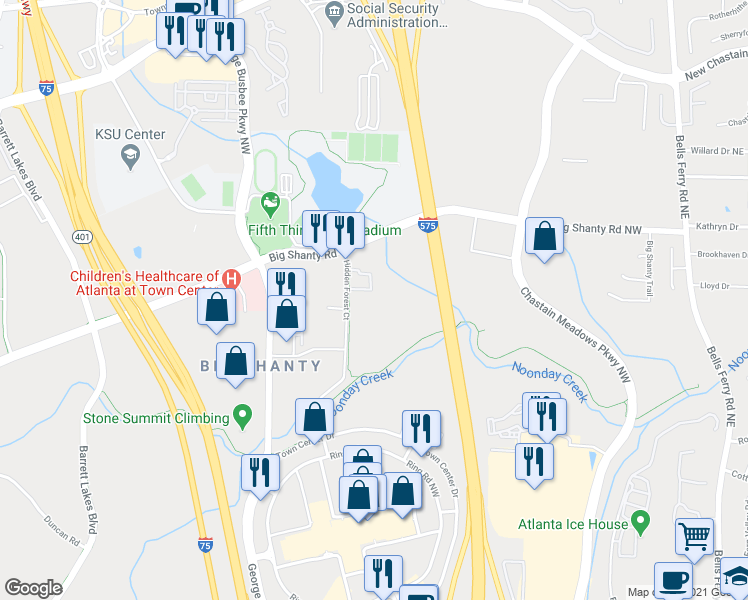 map of restaurants, bars, coffee shops, grocery stores, and more near 2790 Hidden Forest Court in Marietta