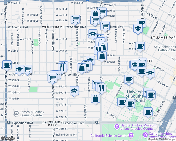 map of restaurants, bars, coffee shops, grocery stores, and more near 3109 South Catalina Street in Los Angeles