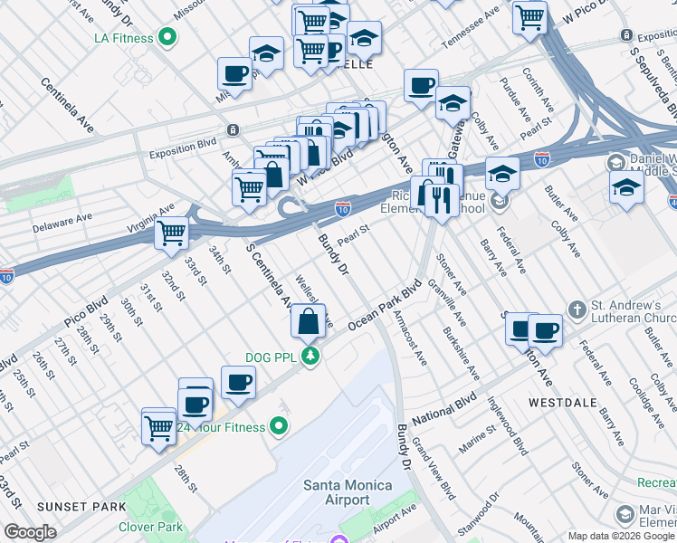 map of restaurants, bars, coffee shops, grocery stores, and more near 2535 South Bundy Drive in Los Angeles