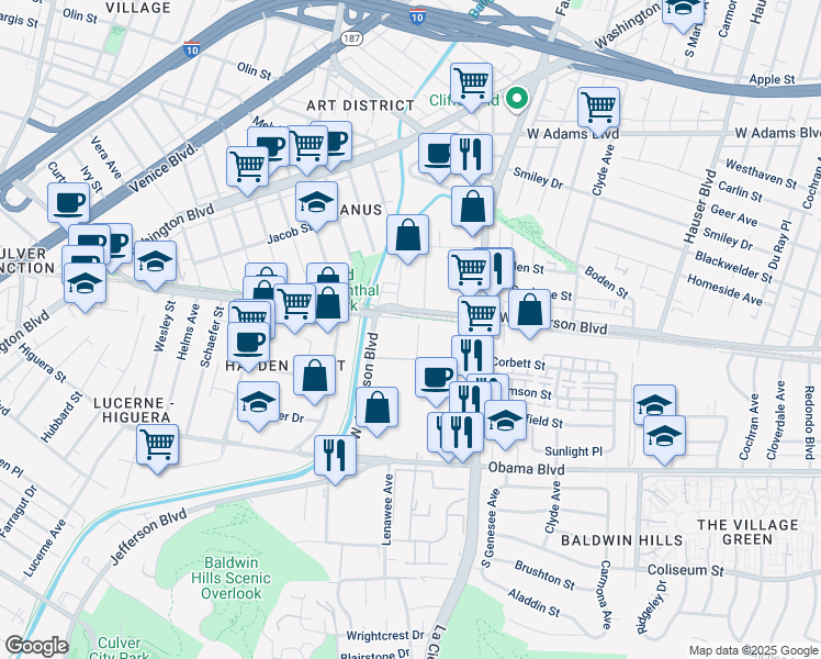 map of restaurants, bars, coffee shops, grocery stores, and more near 3465 La Cienega Boulevard in Los Angeles