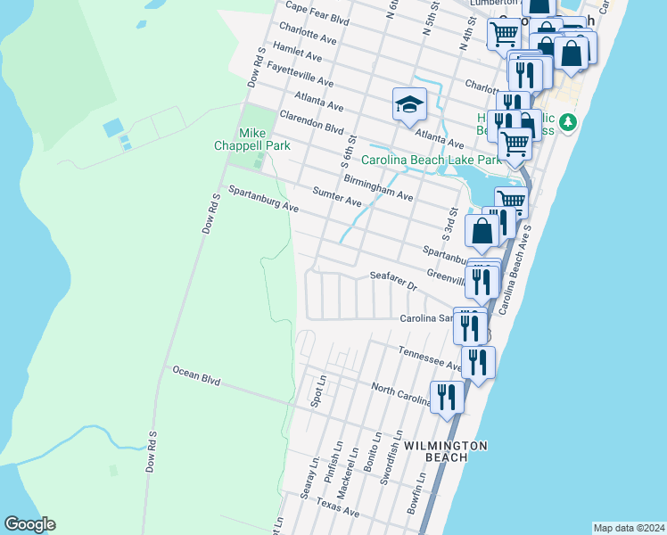 map of restaurants, bars, coffee shops, grocery stores, and more near 802 Seafarer Drive in Carolina Beach
