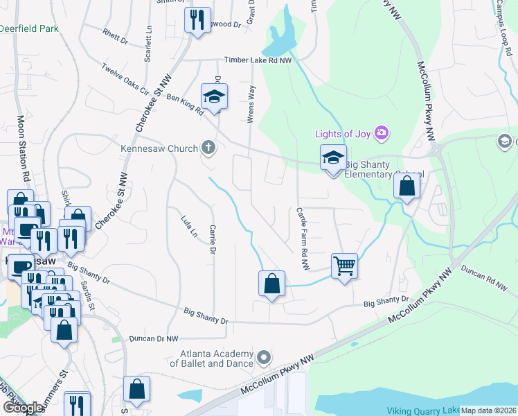 map of restaurants, bars, coffee shops, grocery stores, and more near 1030 Towne Manor Court Northwest in Kennesaw
