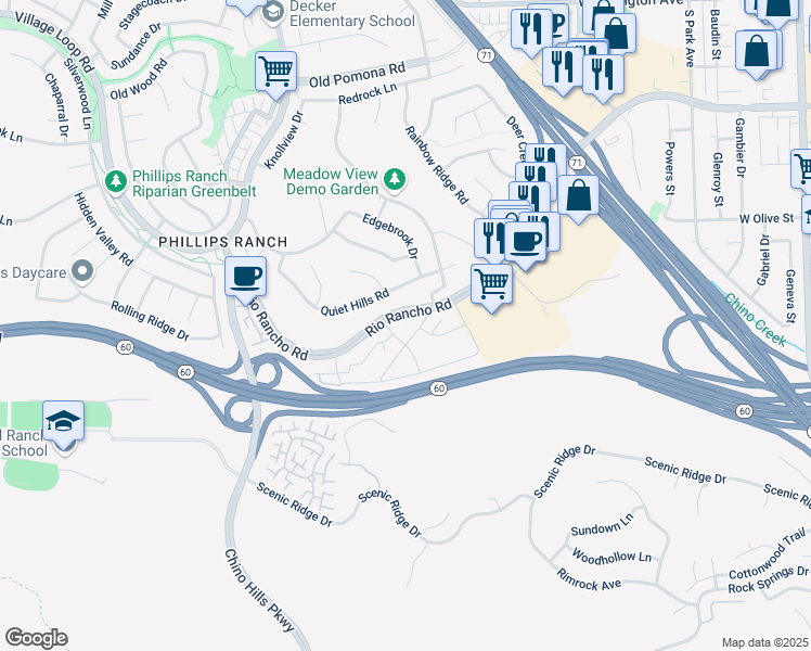 map of restaurants, bars, coffee shops, grocery stores, and more near 73 Town and Country Road in Pomona