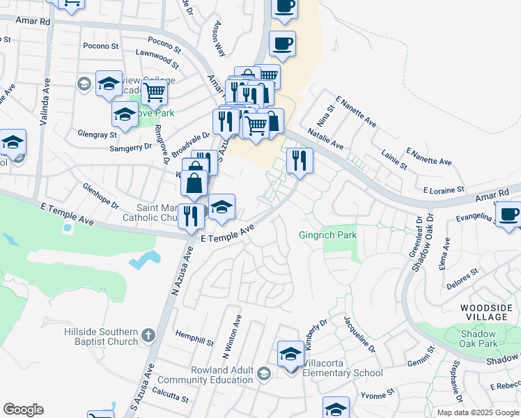 map of restaurants, bars, coffee shops, grocery stores, and more near 2583 Temple Avenue in West Covina