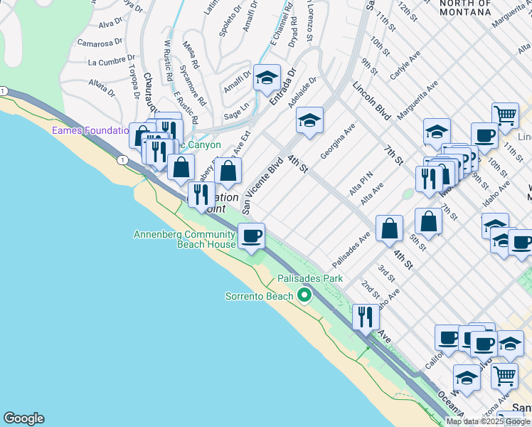 map of restaurants, bars, coffee shops, grocery stores, and more near 121 Georgina Avenue in Santa Monica