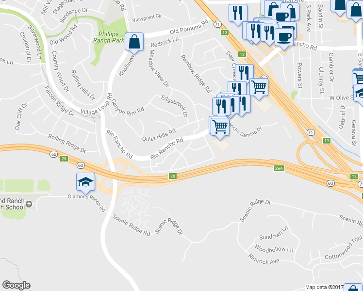 map of restaurants, bars, coffee shops, grocery stores, and more near 84 Town and Country Road in Pomona