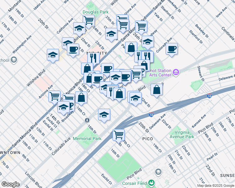 map of restaurants, bars, coffee shops, grocery stores, and more near 2100 Colorado Avenue in Santa Monica