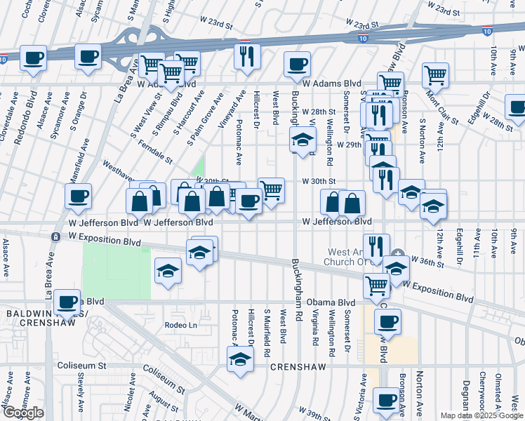 map of restaurants, bars, coffee shops, grocery stores, and more near 3050 Hillcrest Drive in Los Angeles