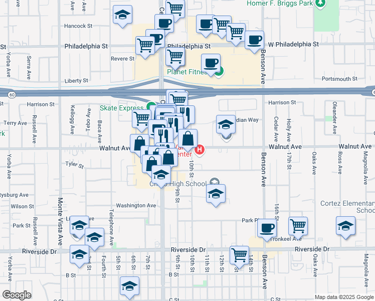 map of restaurants, bars, coffee shops, grocery stores, and more near 5385 Walnut Avenue in Chino