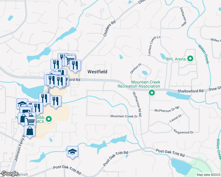 map of restaurants, bars, coffee shops, grocery stores, and more near 4536 Mountain Creek Drive in Roswell