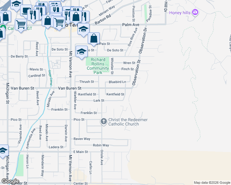 map of restaurants, bars, coffee shops, grocery stores, and more near 22770 Kentfield St in Grand Terrace